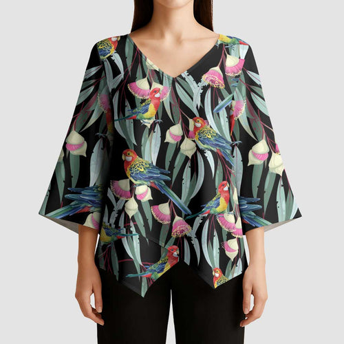 Eastern Rosella Australia Kimono Sleeve Blouse Eucalyptus Blossom Seamless Style - Aussie Hoodie