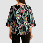 Eastern Rosella Australia Kimono Sleeve Blouse Eucalyptus Blossom Seamless Style - Aussie Hoodie