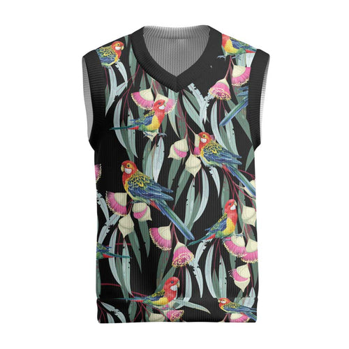 Eastern Rosella Australia Christmas Knitted V-Neck Vest Eucalyptus Blossom Seamless Style - Aussie Hoodie