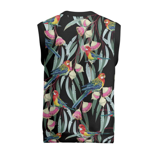 Eastern Rosella Australia Christmas Knitted V-Neck Vest Eucalyptus Blossom Seamless Style - Aussie Hoodie