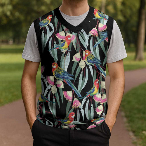 Eastern Rosella Australia Christmas Knitted V-Neck Vest Eucalyptus Blossom Seamless Style - Aussie Hoodie