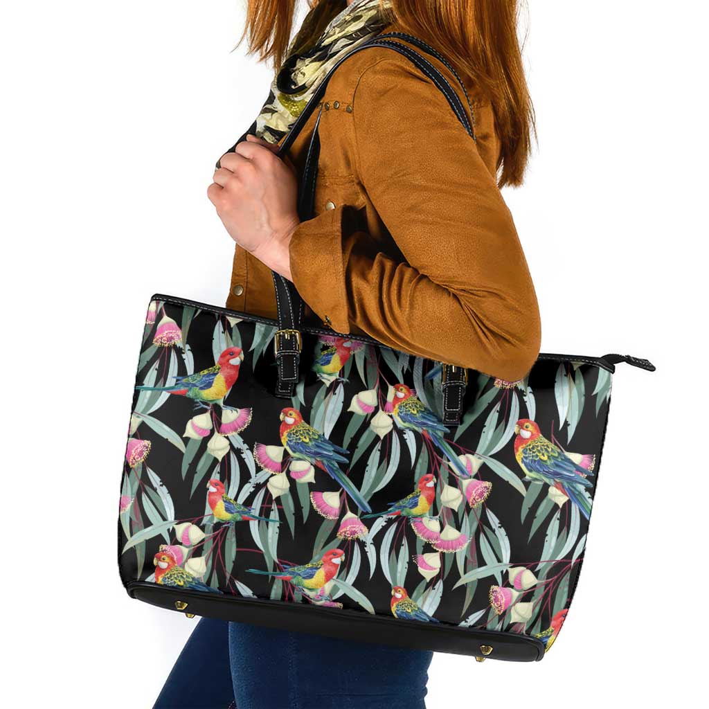 Eastern Rosella Australia Leather Tote Bag Eucalyptus Blossom Seamless Style - Aussie Hoodie
