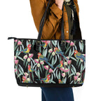 Eastern Rosella Australia Leather Tote Bag Eucalyptus Blossom Seamless Style - Aussie Hoodie