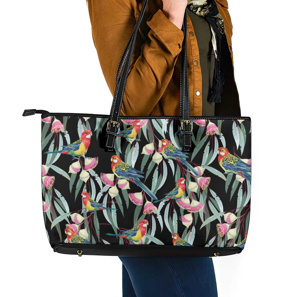 Eastern Rosella Australia Leather Tote Bag Eucalyptus Blossom Seamless Style - Aussie Hoodie