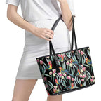 Eastern Rosella Australia Leather Tote Bag Eucalyptus Blossom Seamless Style - Aussie Hoodie