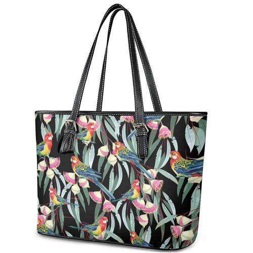 Eastern Rosella Australia Leather Tote Bag Eucalyptus Blossom Seamless Style - Aussie Hoodie