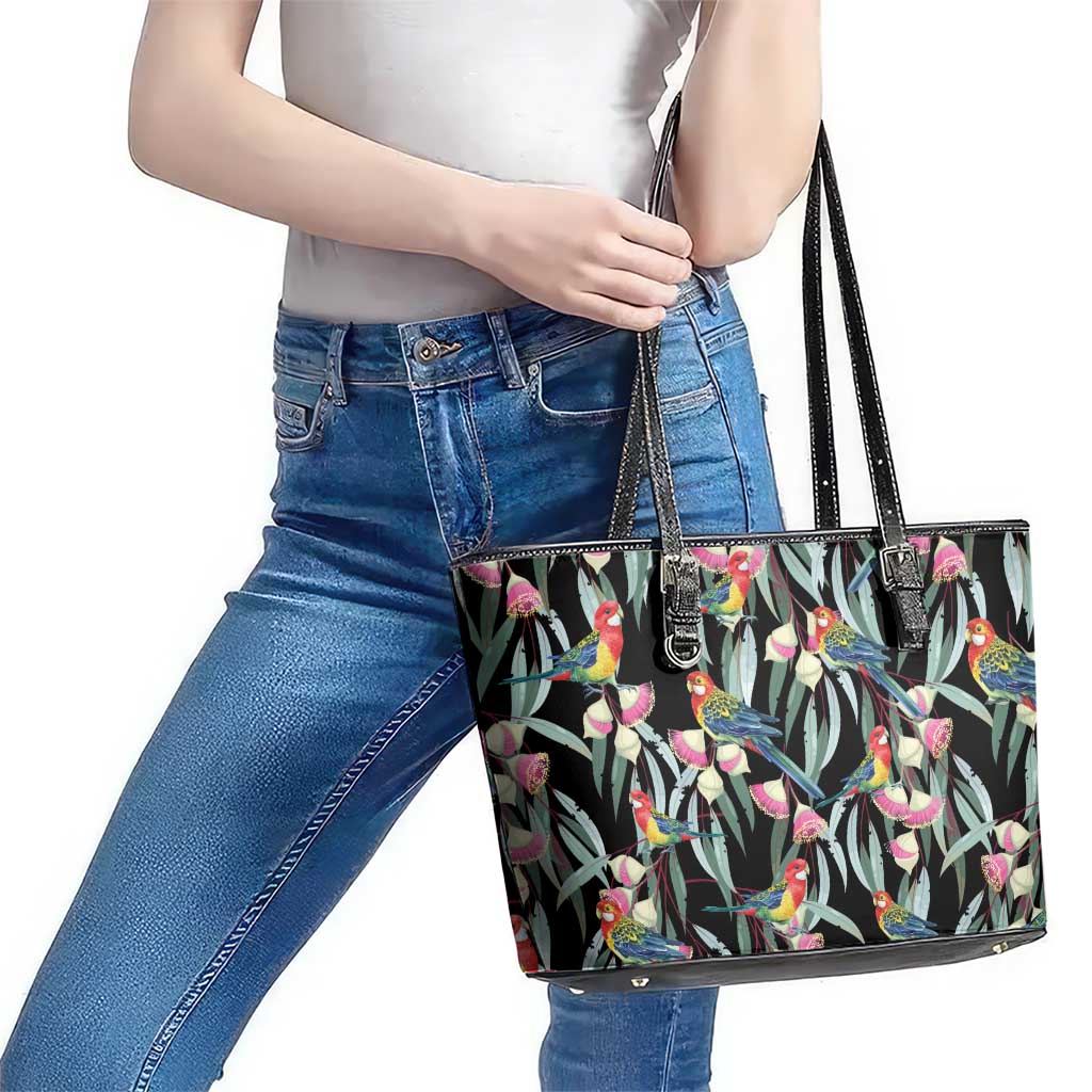 Eastern Rosella Australia Leather Tote Bag Eucalyptus Blossom Seamless Style - Aussie Hoodie