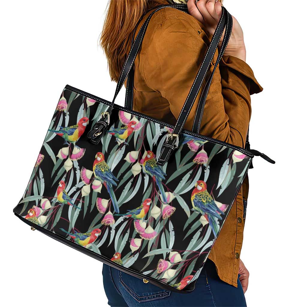 Eastern Rosella Australia Leather Tote Bag Eucalyptus Blossom Seamless Style - Aussie Hoodie