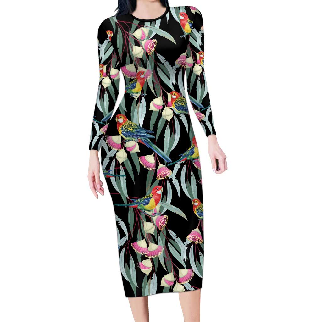 Eastern Rosella Australia Long Sleeve Bodycon Dress Eucalyptus Blossom Seamless Style - Aussie Hoodie