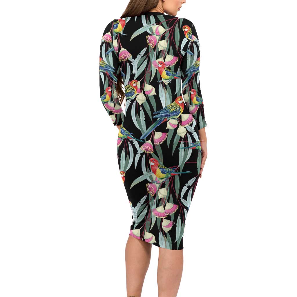 Eastern Rosella Australia Long Sleeve Bodycon Dress Eucalyptus Blossom Seamless Style - Aussie Hoodie