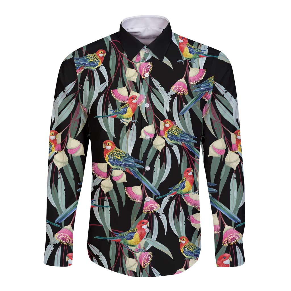 Eastern Rosella Australia Long Sleeve Button Shirt Eucalyptus Blossom Seamless Style - Aussie Hoodie
