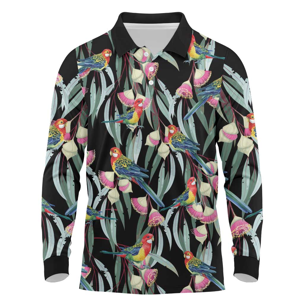 Eastern Rosella Australia Long Sleeve Polo Shirt Eucalyptus Blossom Seamless Style - Aussie Hoodie