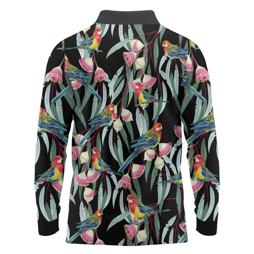 Eastern Rosella Australia Long Sleeve Polo Shirt Eucalyptus Blossom Seamless Style - Aussie Hoodie