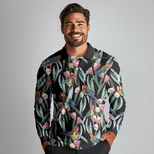 Eastern Rosella Australia Long Sleeve Polo Shirt Eucalyptus Blossom Seamless Style - Aussie Hoodie