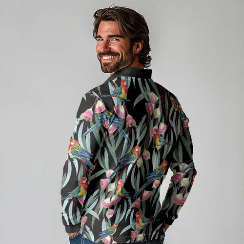 Eastern Rosella Australia Long Sleeve Polo Shirt Eucalyptus Blossom Seamless Style - Aussie Hoodie