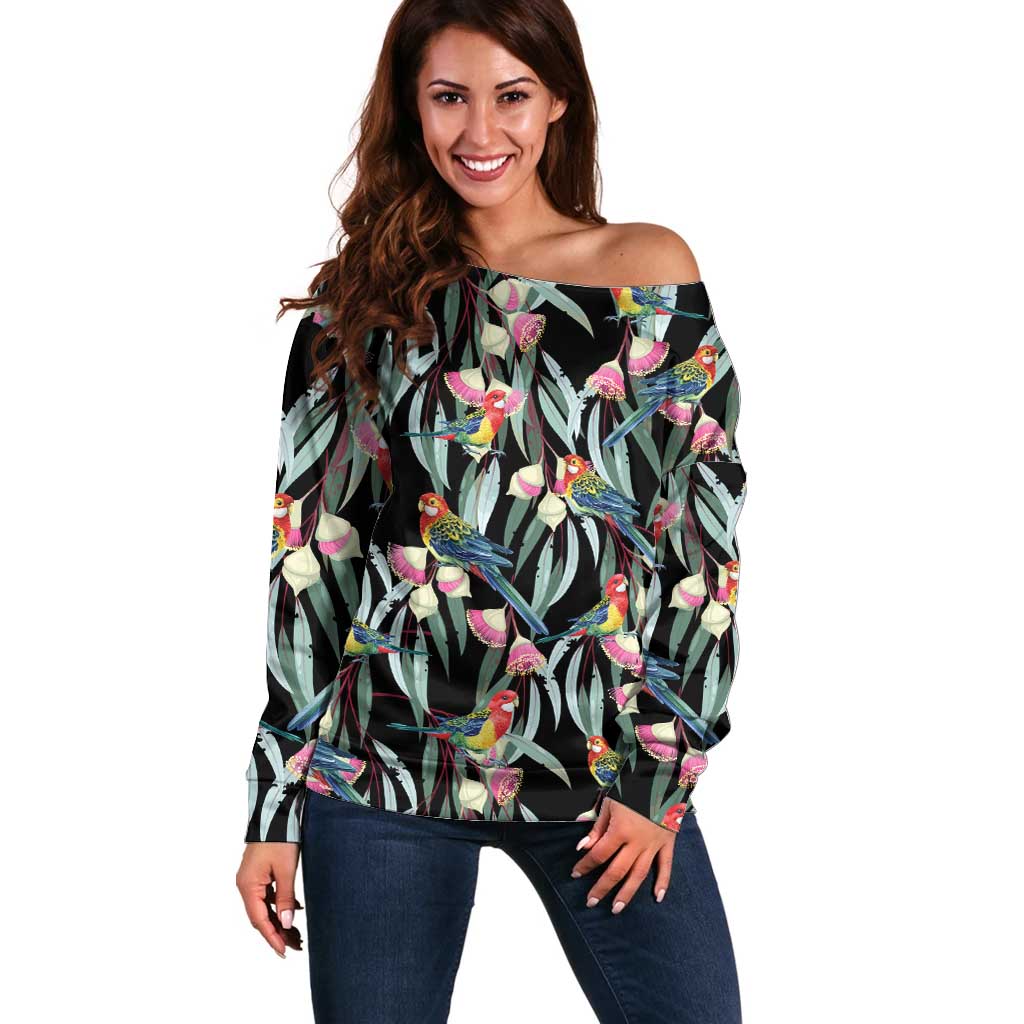 Eastern Rosella Australia Off Shoulder Sweater Eucalyptus Blossom Seamless Style - Aussie Hoodie