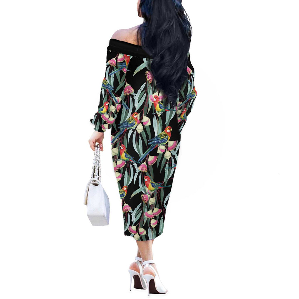 Eastern Rosella Australia Off The Shoulder Long Sleeve Dress Eucalyptus Blossom Seamless Style - Aussie Hoodie