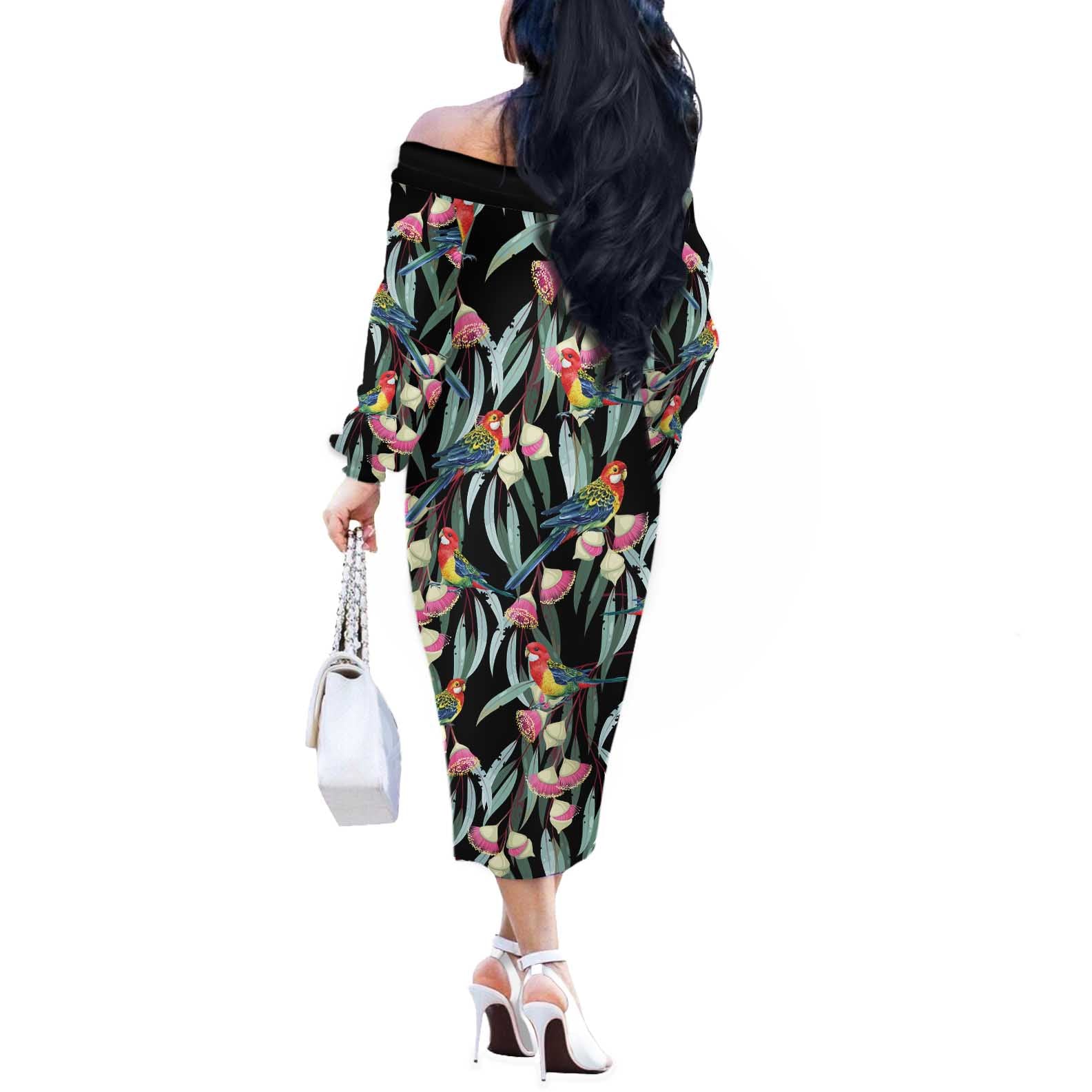 Eastern Rosella Australia Off The Shoulder Long Sleeve Dress Eucalyptus Blossom Seamless Style - Aussie Hoodie