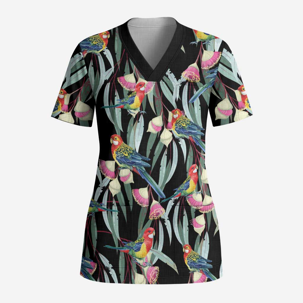 Eastern Rosella Australia Scrub Top Eucalyptus Blossom Seamless Style - Aussie Hoodie