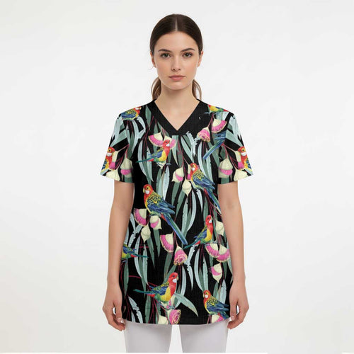 Eastern Rosella Australia Scrub Top Eucalyptus Blossom Seamless Style - Aussie Hoodie