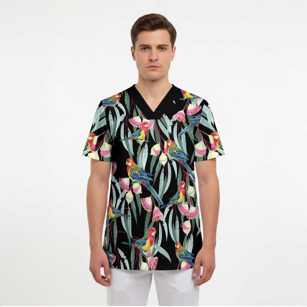 Eastern Rosella Australia Scrub Top Eucalyptus Blossom Seamless Style - Aussie Hoodie
