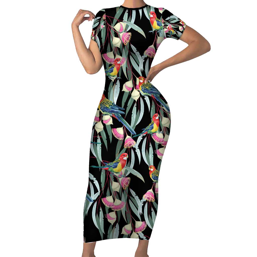 Eastern Rosella Australia Short Sleeve Bodycon Dress Eucalyptus Blossom Seamless Style - Aussie Hoodie