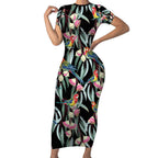 Eastern Rosella Australia Short Sleeve Bodycon Dress Eucalyptus Blossom Seamless Style - Aussie Hoodie