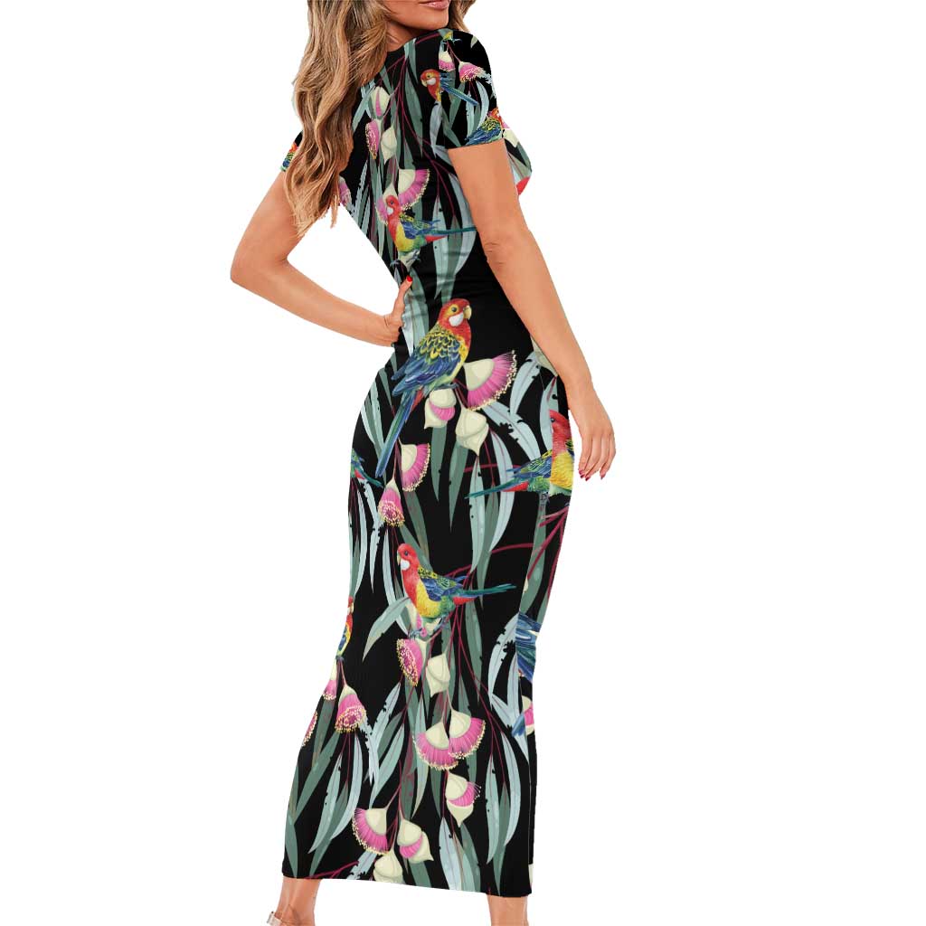 Eastern Rosella Australia Short Sleeve Bodycon Dress Eucalyptus Blossom Seamless Style - Aussie Hoodie