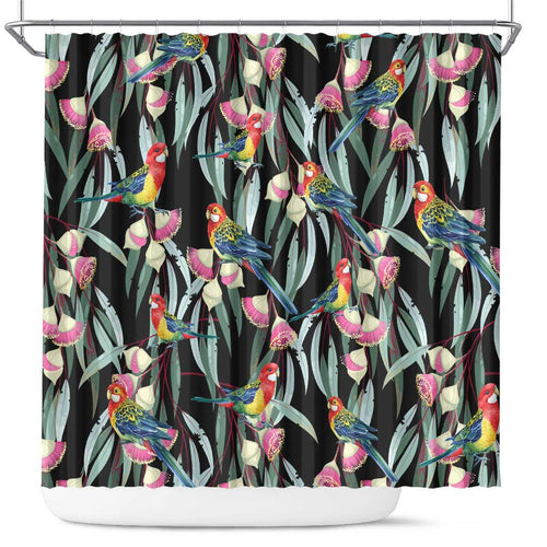 Eastern Rosella Australia Shower Curtain Eucalyptus Blossom Seamless Style - Aussie Hoodie