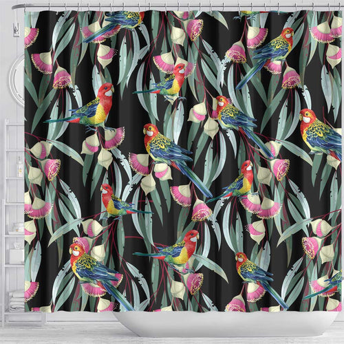Eastern Rosella Australia Shower Curtain Eucalyptus Blossom Seamless Style - Aussie Hoodie
