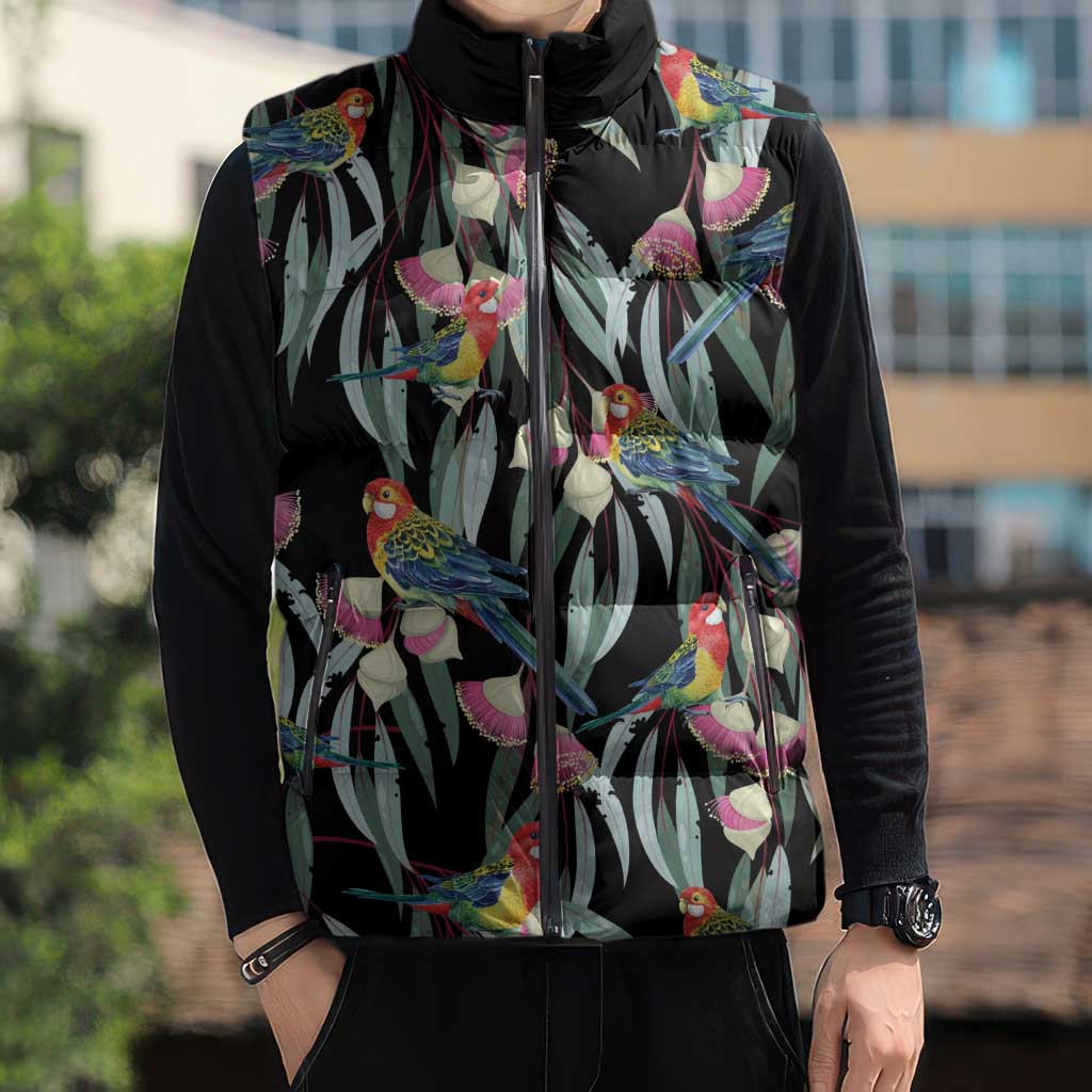Eastern Rosella Australia Sleeveless Puffer Jacket Eucalyptus Blossom Seamless Style - Aussie Hoodie