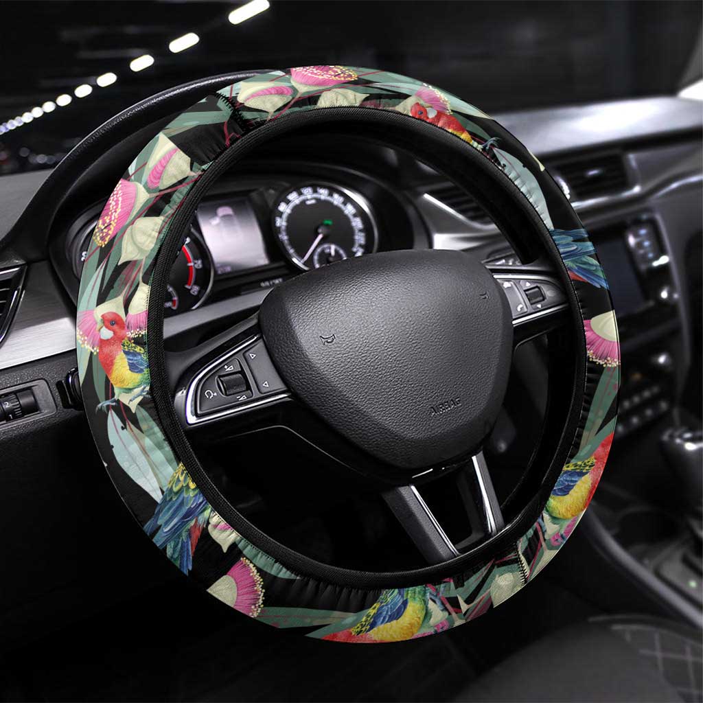 Eastern Rosella Australia Steering Wheel Cover Eucalyptus Blossom Seamless Style - Aussie Hoodie