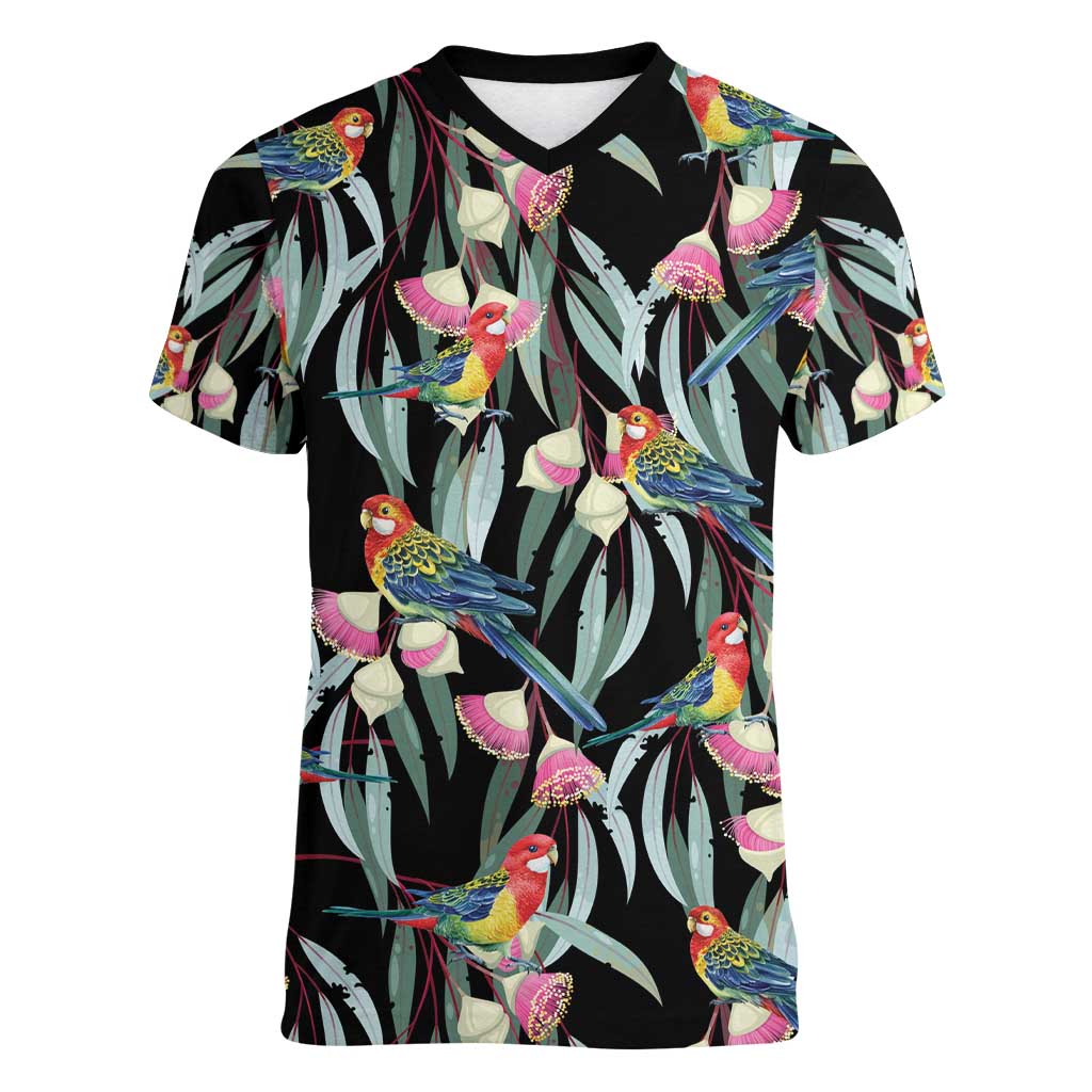 Eastern Rosella Australia Women V-Neck T-Shirt Eucalyptus Blossom Seamless Style - Aussie Hoodie