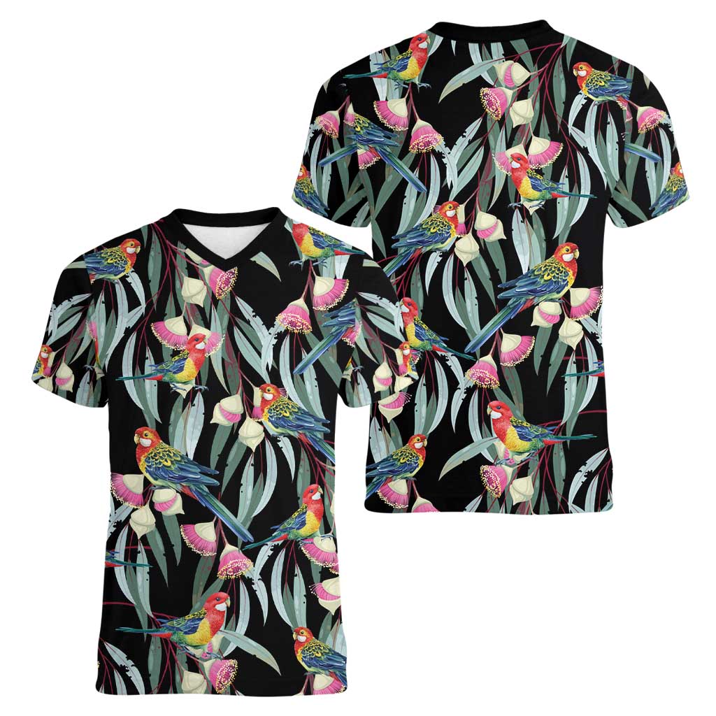 Eastern Rosella Australia Women V-Neck T-Shirt Eucalyptus Blossom Seamless Style - Aussie Hoodie