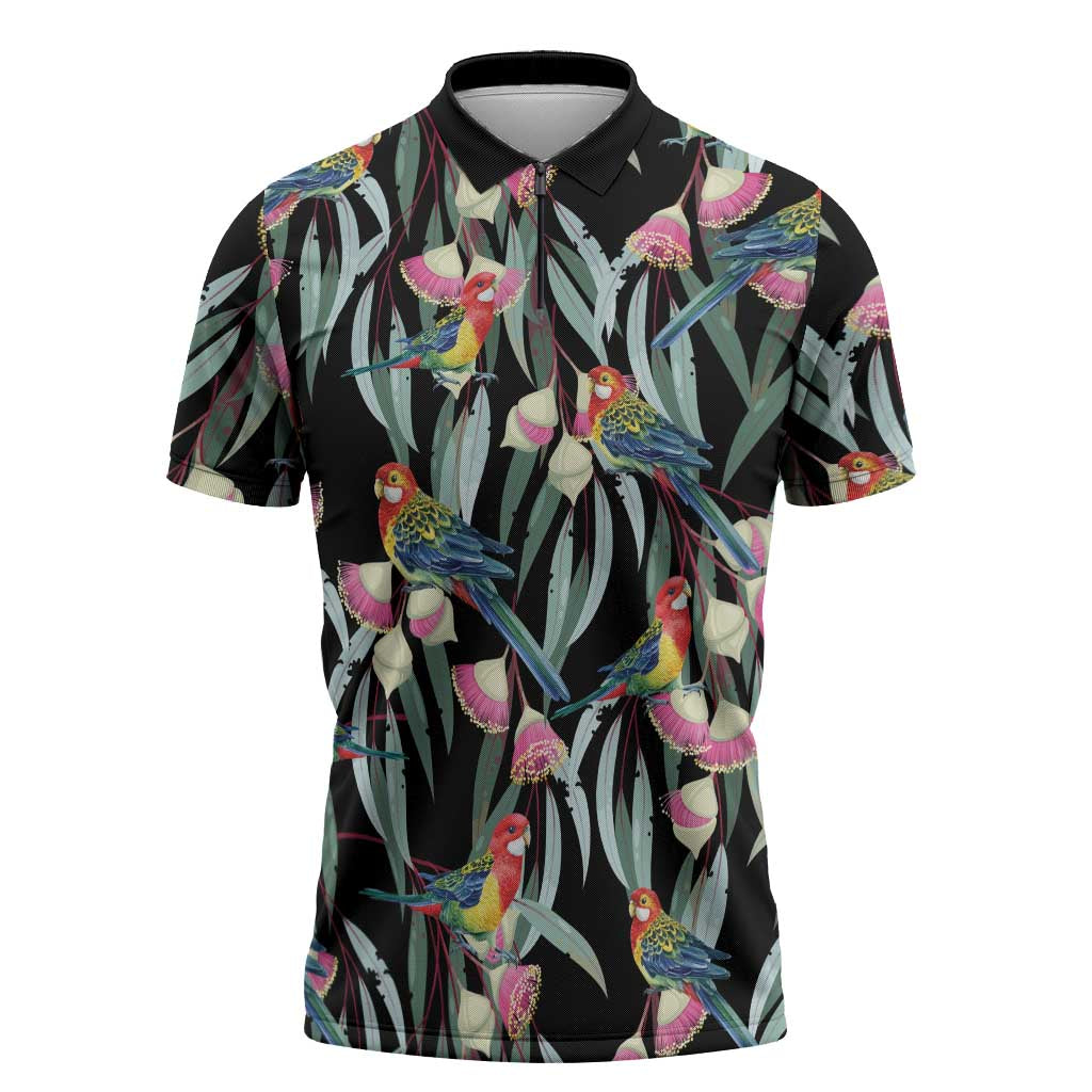 Eastern Rosella Australia Zipper Polo Shirt Eucalyptus Blossom Seamless Style - Aussie Hoodie