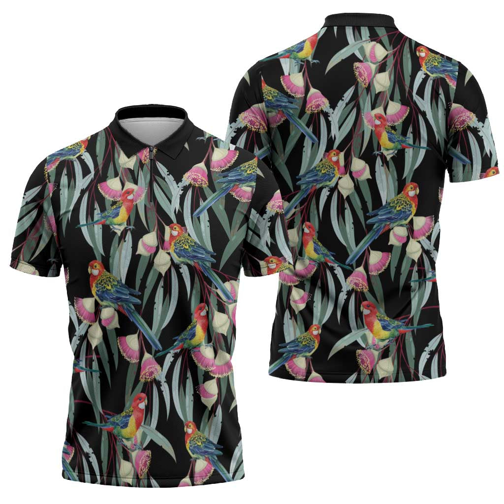 Eastern Rosella Australia Zipper Polo Shirt Eucalyptus Blossom Seamless Style - Aussie Hoodie