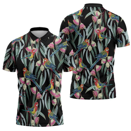 Eastern Rosella Australia Zipper Polo Shirt Eucalyptus Blossom Seamless Style - Aussie Hoodie