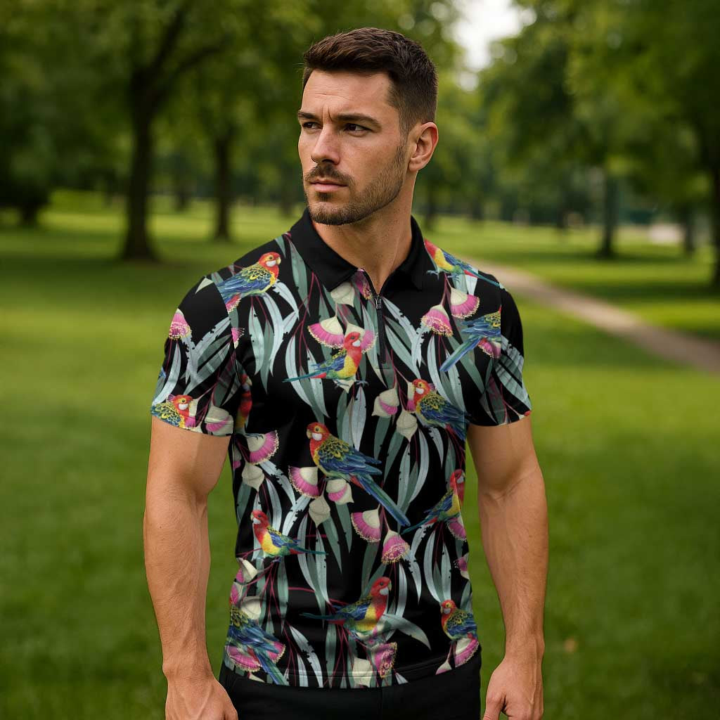 Eastern Rosella Australia Zipper Polo Shirt Eucalyptus Blossom Seamless Style - Aussie Hoodie