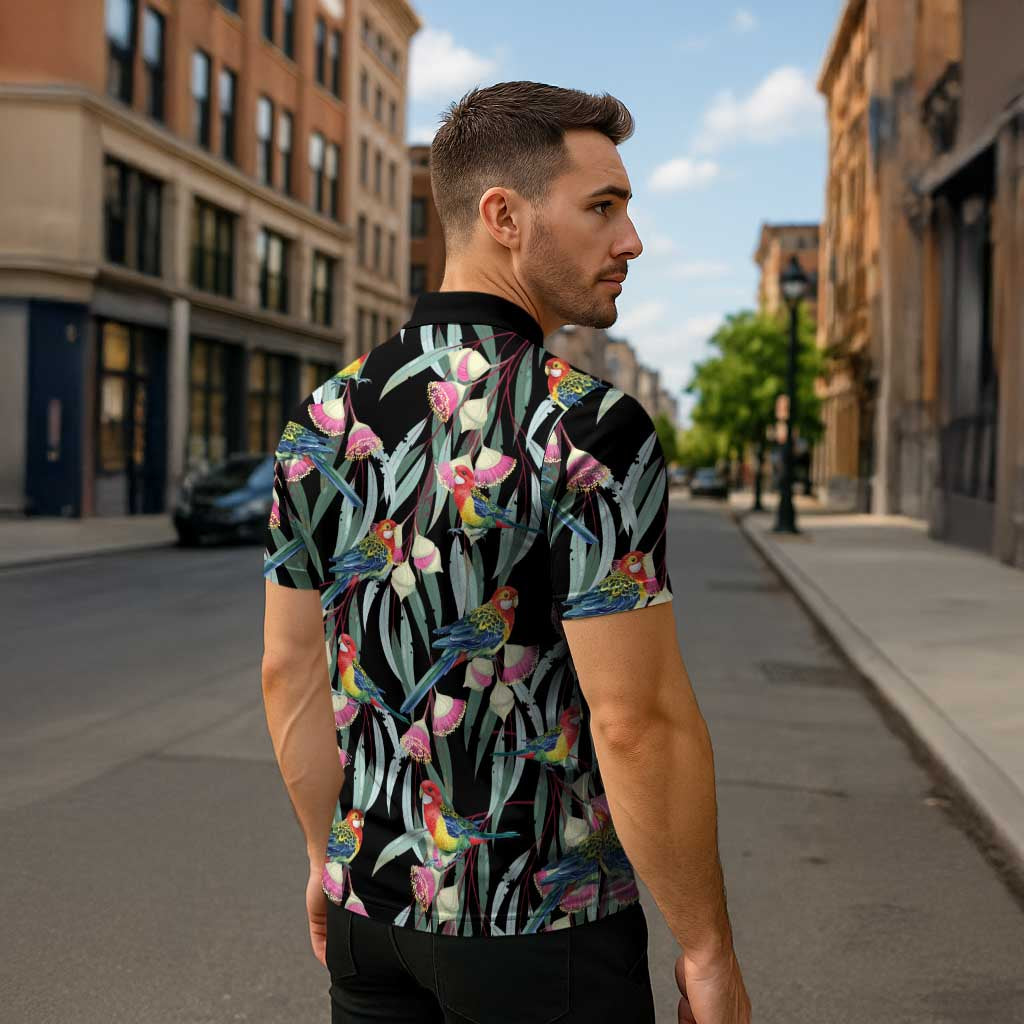 Eastern Rosella Australia Zipper Polo Shirt Eucalyptus Blossom Seamless Style - Aussie Hoodie