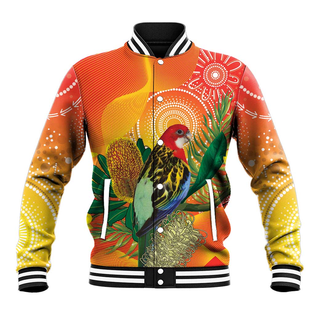 Eastern Rosella Australia Baseball Jacket Banksia Aboriginal Art - Aussie Hoodie