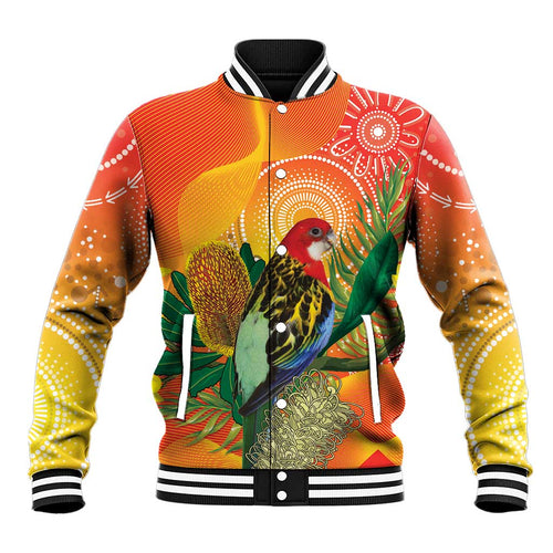 Eastern Rosella Australia Baseball Jacket Banksia Aboriginal Art - Aussie Hoodie