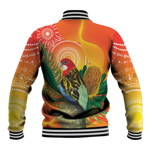 Eastern Rosella Australia Baseball Jacket Banksia Aboriginal Art - Aussie Hoodie
