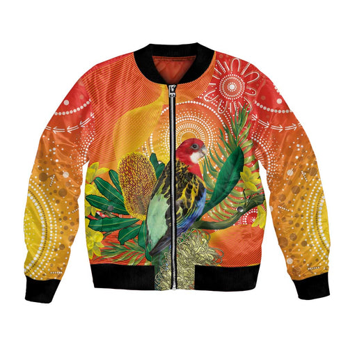 Eastern Rosella Australia Bomber Jacket Banksia Aboriginal Art - Aussie Hoodie