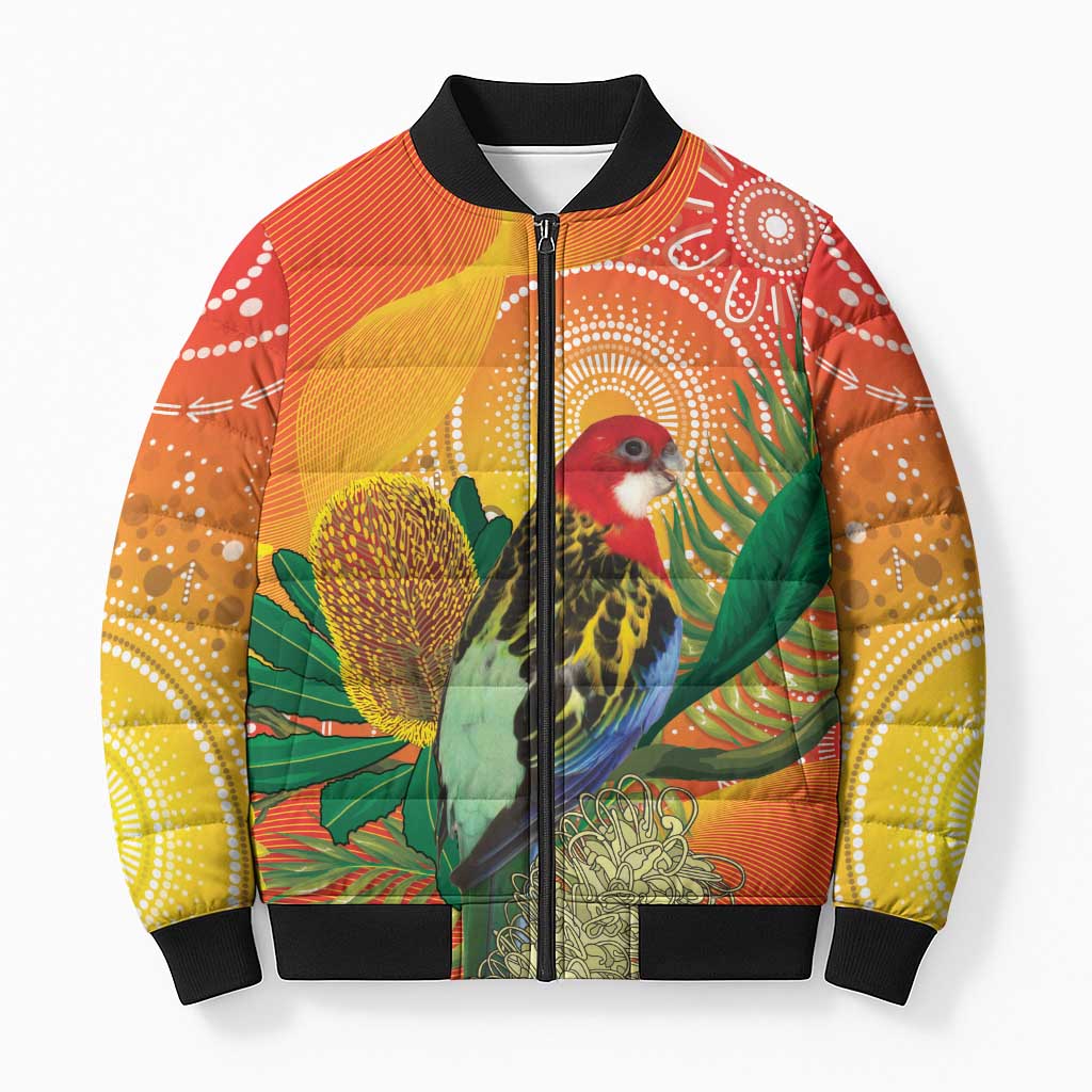 Eastern Rosella Australia Bomber Puffer Jacket Banksia Aboriginal Art - Aussie Hoodie