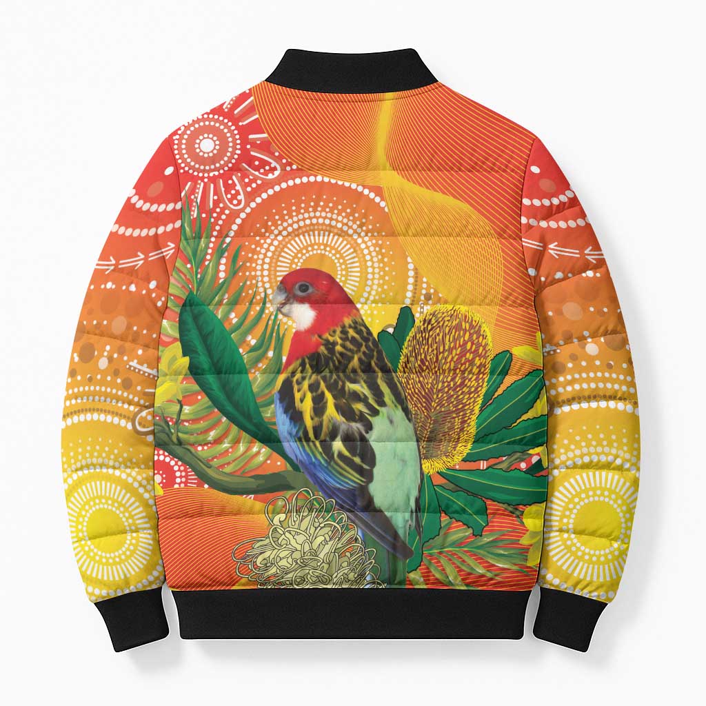 Eastern Rosella Australia Bomber Puffer Jacket Banksia Aboriginal Art - Aussie Hoodie
