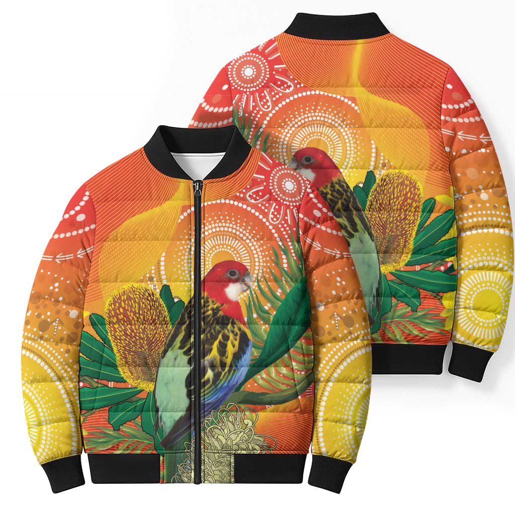 Eastern Rosella Australia Bomber Puffer Jacket Banksia Aboriginal Art - Aussie Hoodie