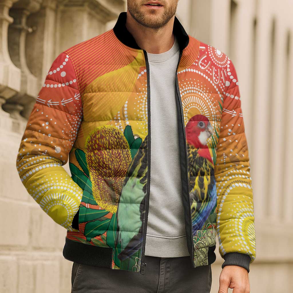 Eastern Rosella Australia Bomber Puffer Jacket Banksia Aboriginal Art - Aussie Hoodie