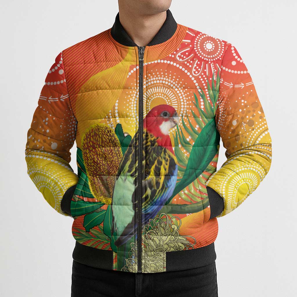 Eastern Rosella Australia Bomber Puffer Jacket Banksia Aboriginal Art - Aussie Hoodie