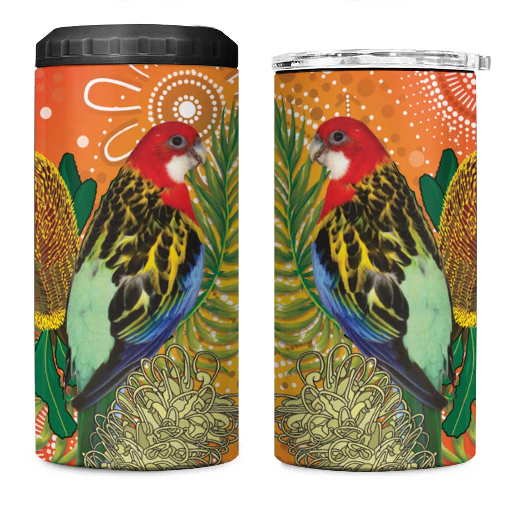 Eastern Rosella Australia 4 in 1 Can Cooler Tumbler Banksia Aboriginal Art - Aussie Hoodie