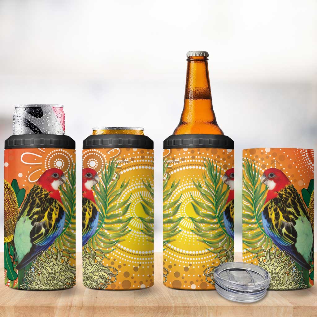 Eastern Rosella Australia 4 in 1 Can Cooler Tumbler Banksia Aboriginal Art - Aussie Hoodie